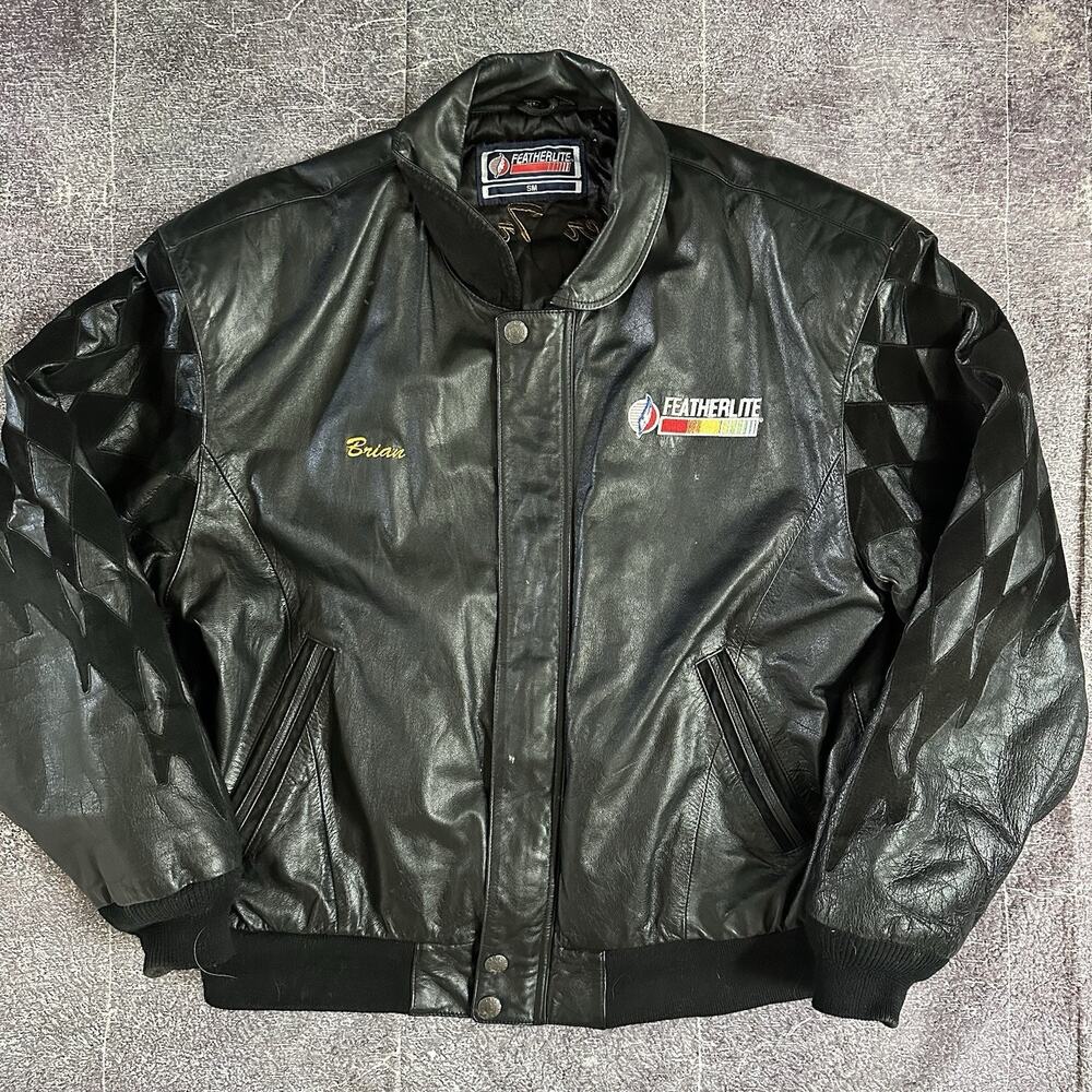 Men's Vintage 90's FeatherLite Checkered Flag NASCAR Black Leather Jacket Sz XL